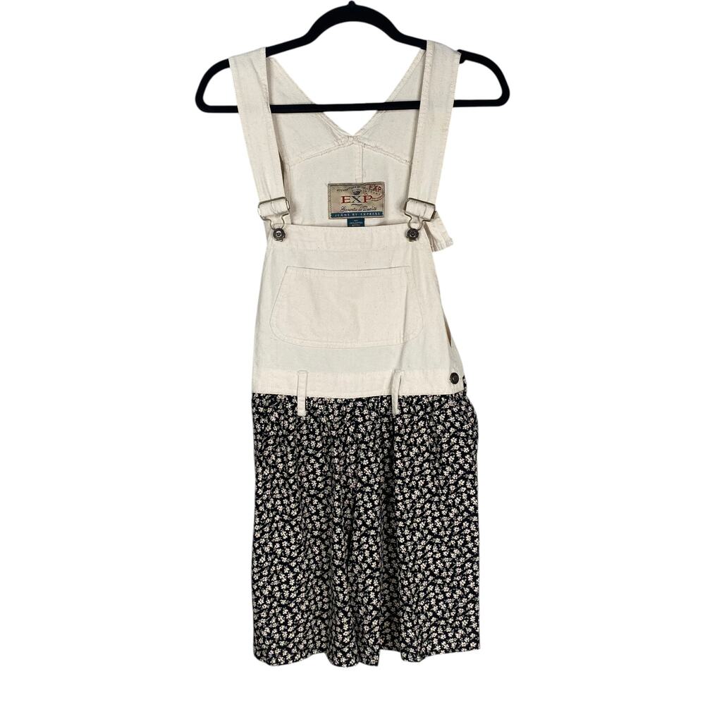 VTG 90s Express Overalls Romper S Ivory Denim Ditsy Floral Mixed Media Indie